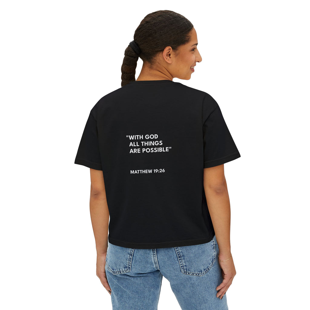 Matthew 19:26 Women's Boxy Tee/Text Logo