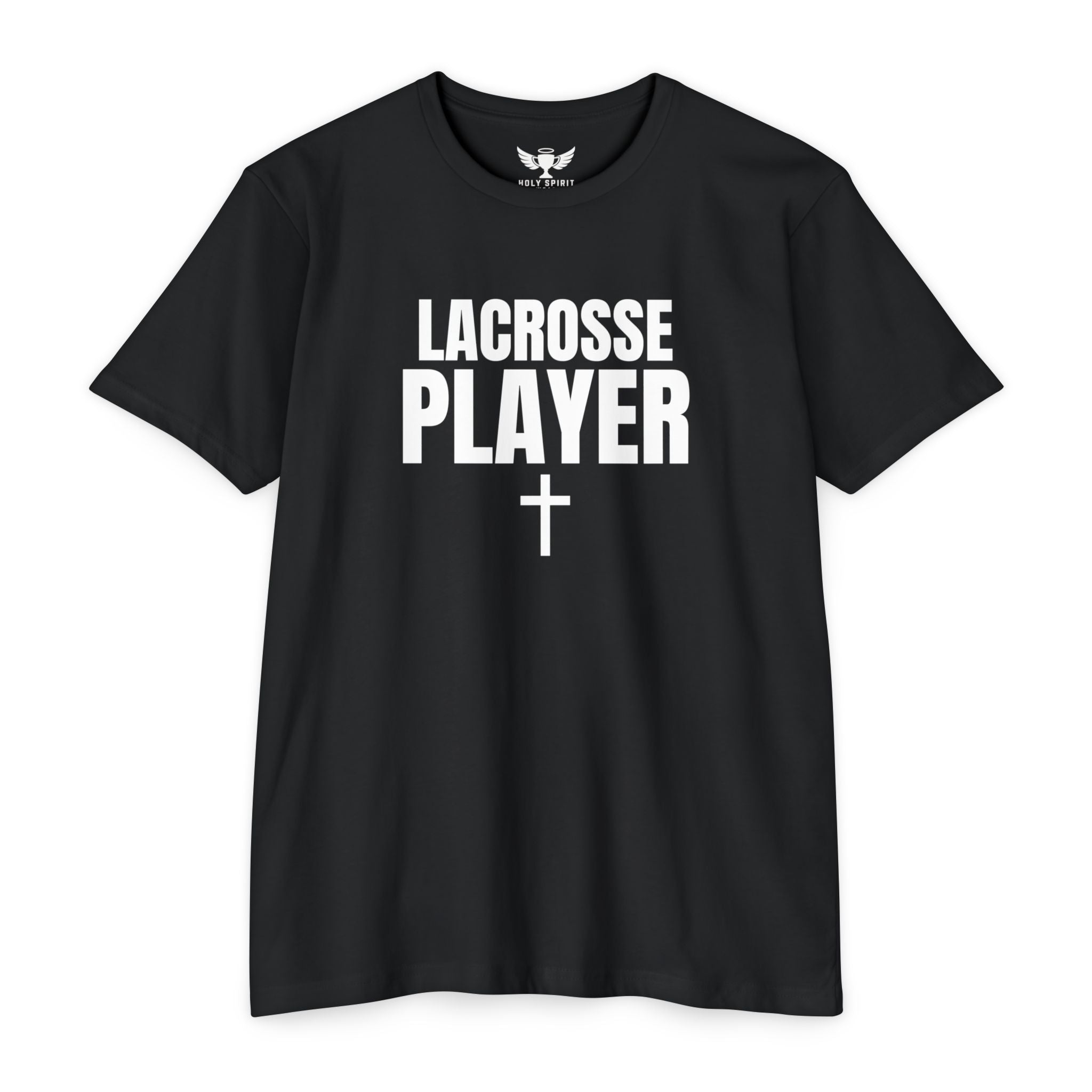 Lacrosse Player T‑Shirt with Cross — Custom Name & Number