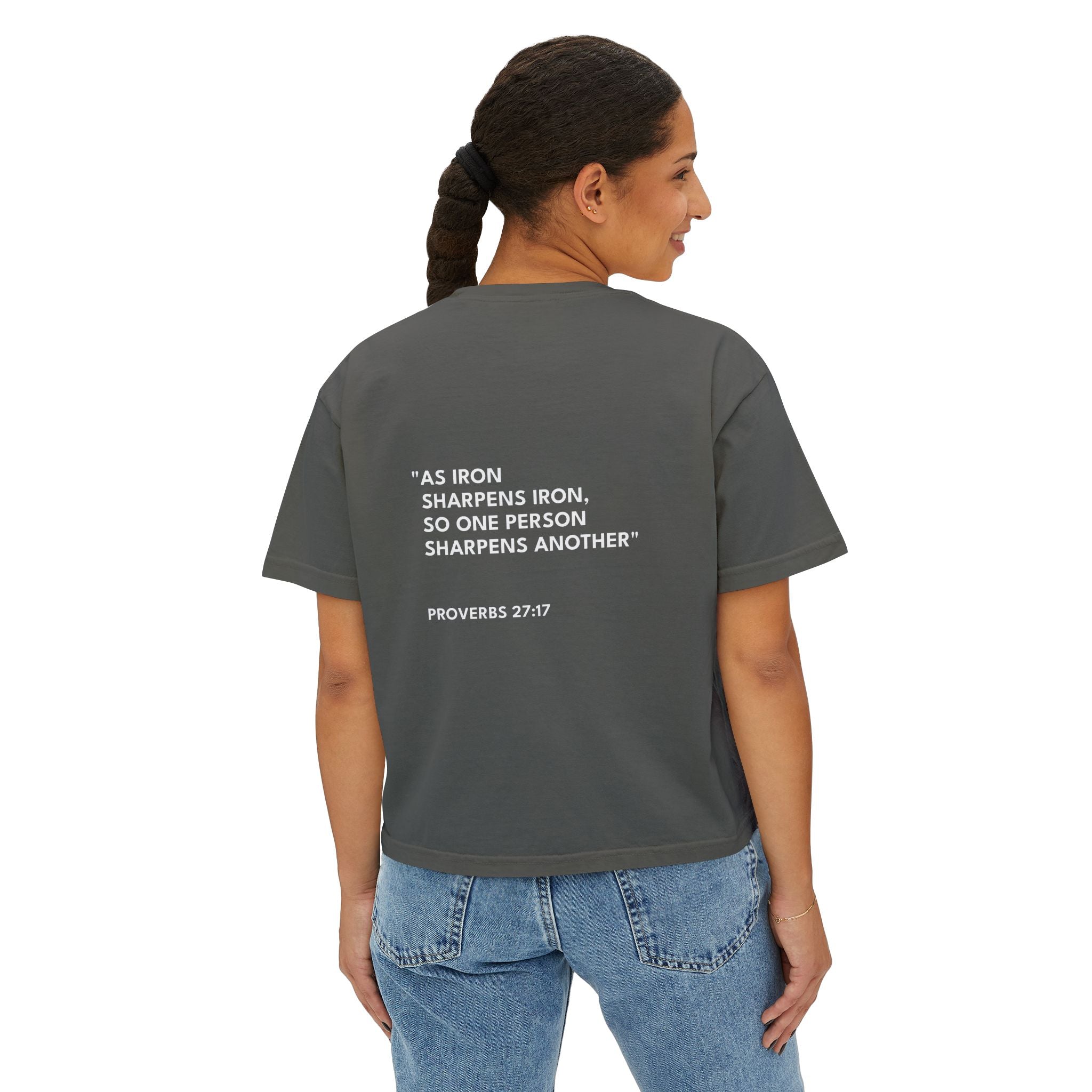 Proverbs 27:17 Women's Boxy Tee/Text Logo
