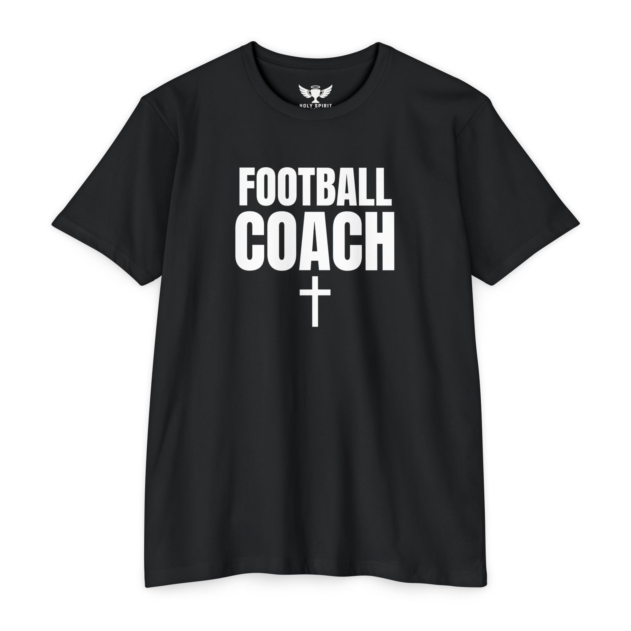 Football Coach T-Shirt — Personalized Back Name & Number, Christian Cross Design