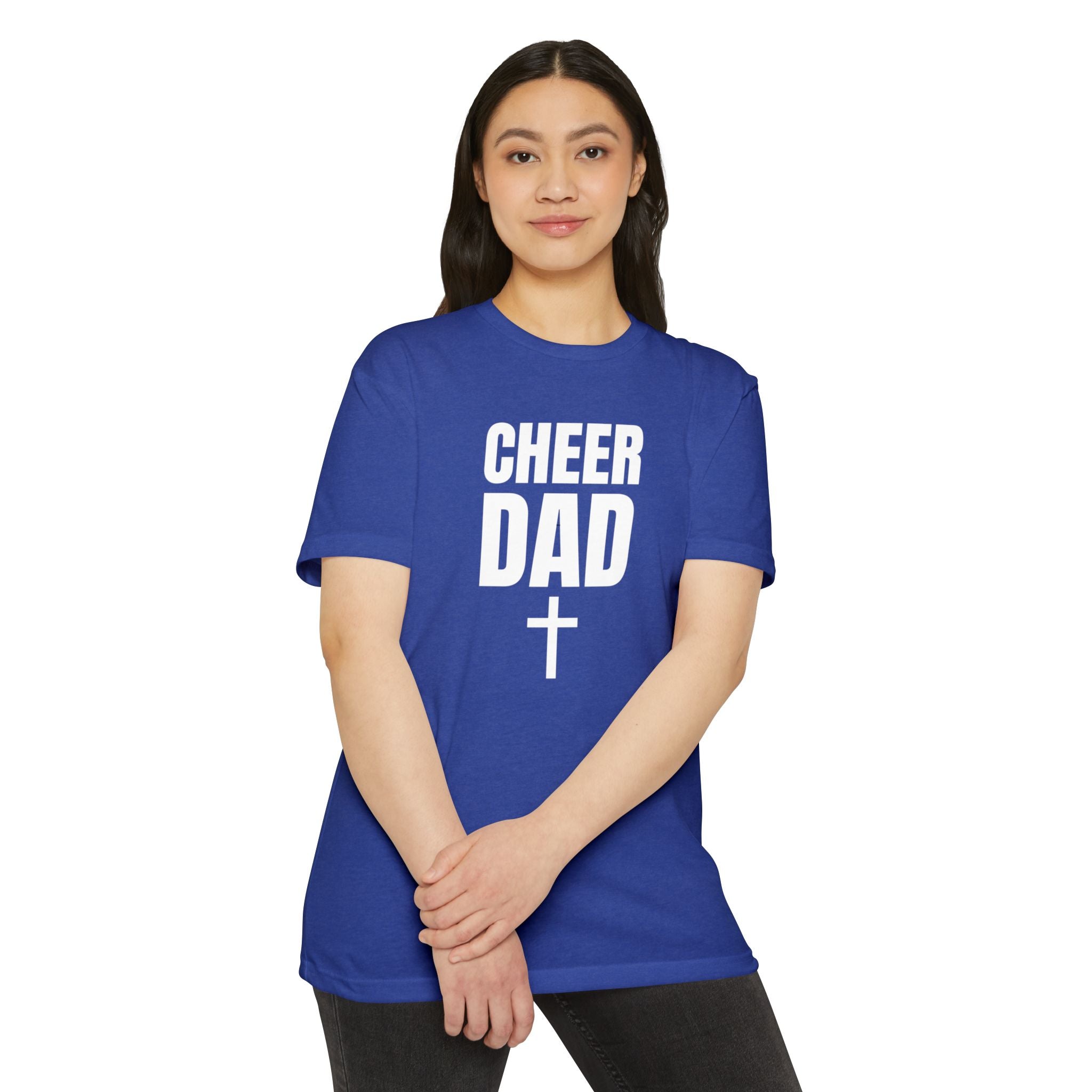 Cheer Dad T-Shirt with Cross — Custom Name & Number Back