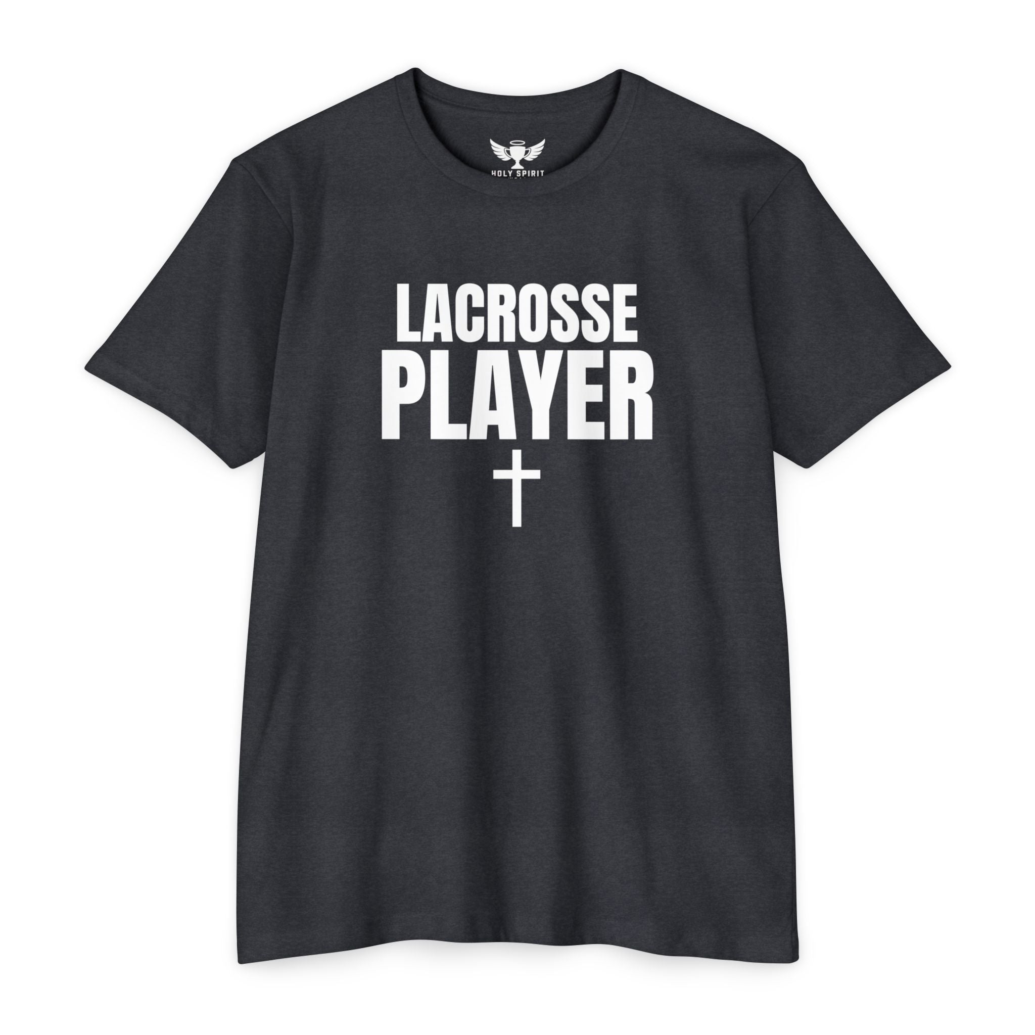 Lacrosse Player T‑Shirt with Cross — Custom Name & Number