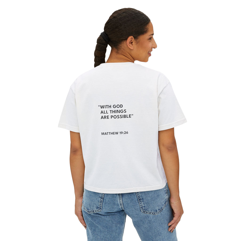 Matthew 19:26 Women's Boxy Tee/Text Logo